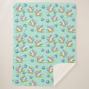 Magical Happy Unicorn And Stars Sherpa Blanket