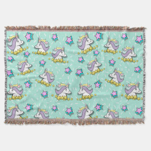 Magical Happy Unicorn And Stars Throw Blanket
