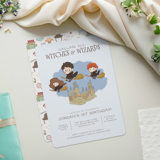 Magical Harry Potter and Hogwarts Birthday Invitation (Card on table)