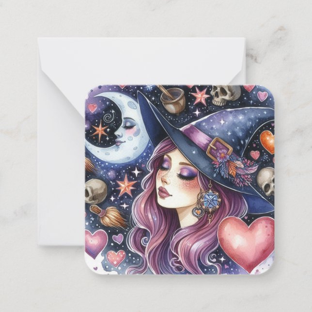 Magical Hearts Witch Valentines Day Note Card (Front)