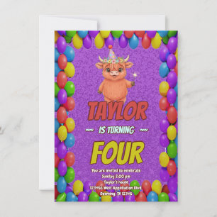 Magical Highland Cow 4th Birthday Invite