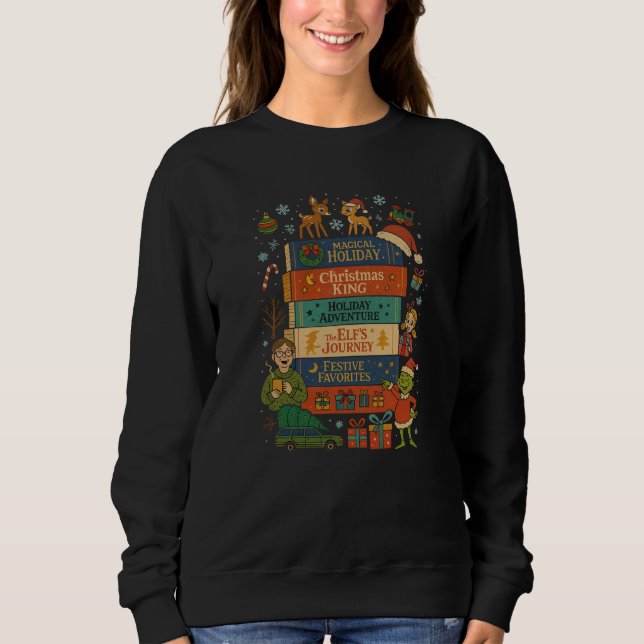 Magical Holiday Book Stack –Cute Vintage Christmas Sweatshirt (Front)