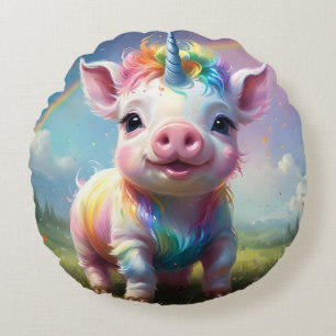 "Magical Hooves: The Rainbow Unicorn Pig" Round Cushion