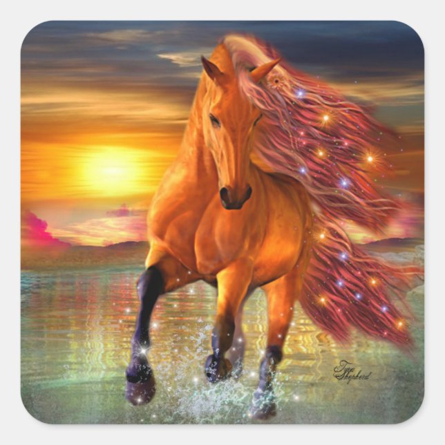 Magical Horse Running on Beach Square Sticker (Front)