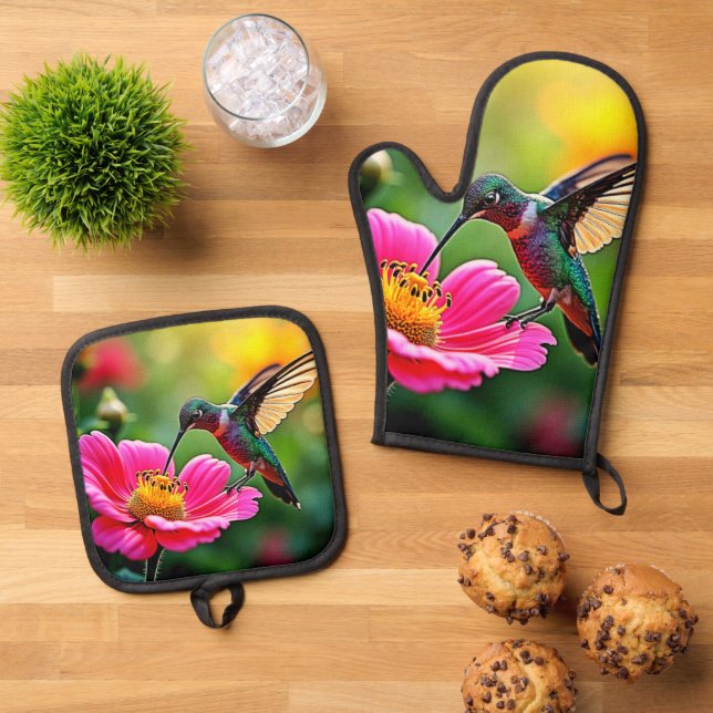 Magical Hummingbird Moments Design Oven Mitt & Pot Holder Set (Top Down)