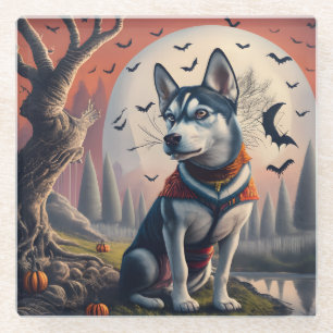 Magical Husky Dog Spooky Halloween Glass Coaster