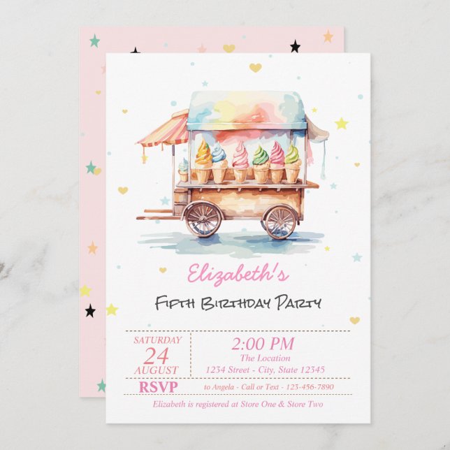 Magical Ice Creams Stars Pink Birthday Invitation (Front/Back)
