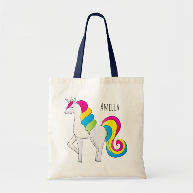 Magical Illustrated Cute Girl Rainbow Unicorn Name Tote Bag (Front)