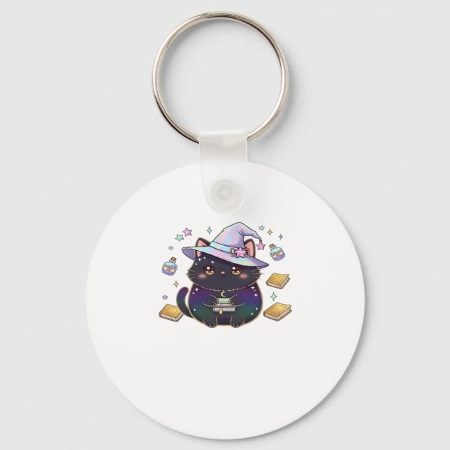 Magical Introvert Cat  Pastel Witch Hat Halloween  Key Ring (Front)