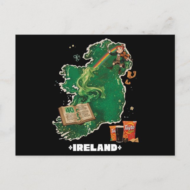 Magical Ireland Map Leprechaun Rainbow Postcard (Front)