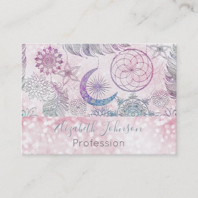 Magical Iridescent Glitter Feathers Dreamcatcher Business Card (Front)