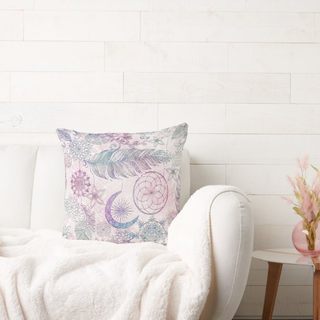 Magical Iridescent Glitter Feathers Dreamcatcher Cushion (Couch)