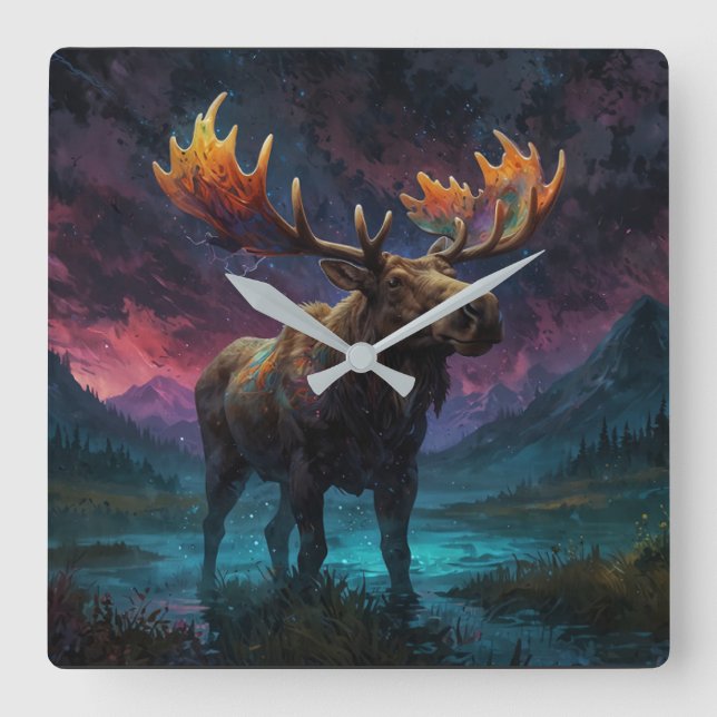 Magical Jasper Moose and Rocky Mountains Square Wall Clock (Front)