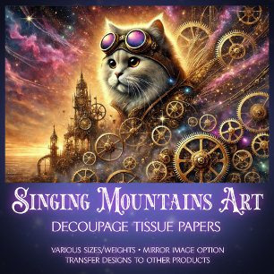 Magical Landscape Steampunk Cat Cosmic  Decoupage  Tissue Paper