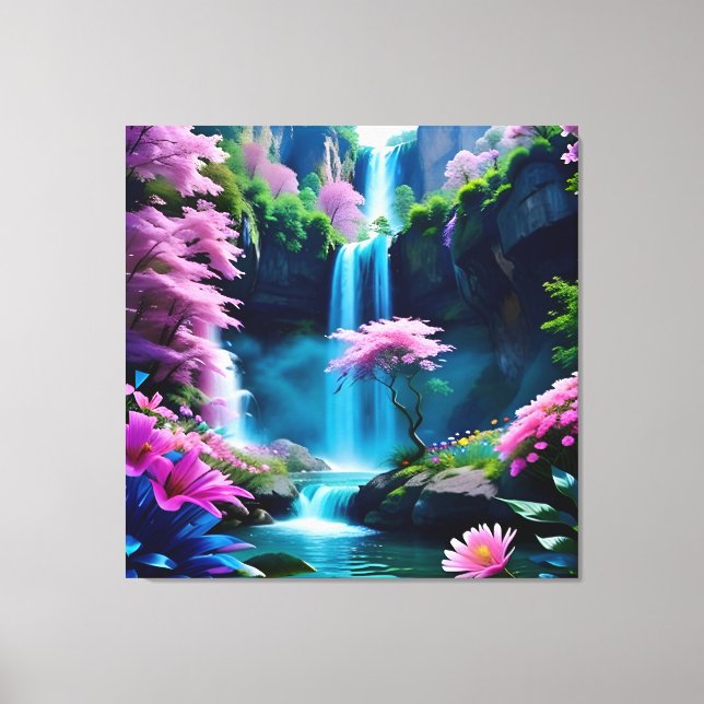 Magical Landscape Waterfall and Flower One Canvas Print (Front)