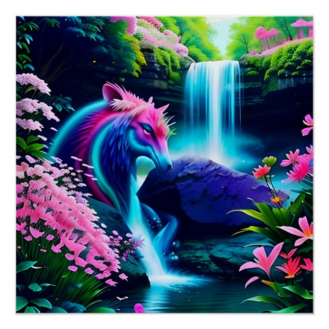 Magical Landscape Waterfall and Flowers Two Poster (Front)