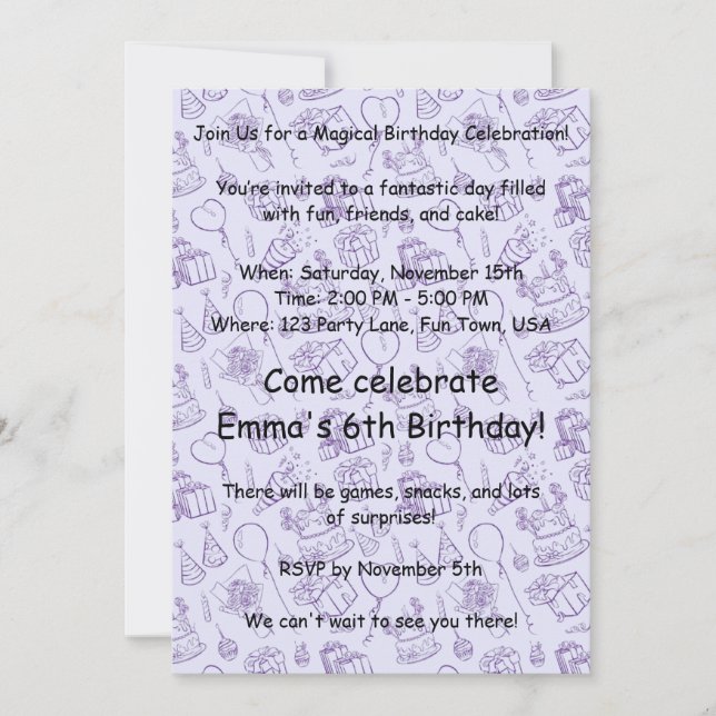 Magical Lavender Birthday Invitation for Kids (Front)