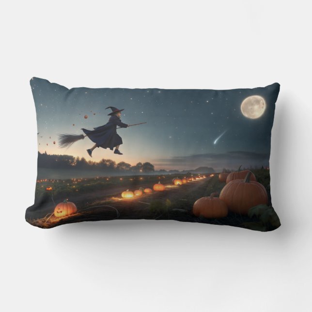 Magical Little Witch Flying on Halloween Night Lumbar Cushion (Front)