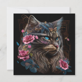 Magical Maine Coon cat and pink flowers AI art