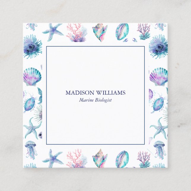 Magical marine creatures pattern marine biologist  square business card (Front)