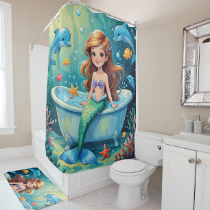 Magical Mermaid Bath Time with Dolphins Shower Curtain