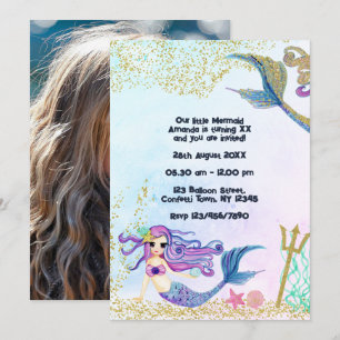 Magical Mermaid Faux Glitter Kids Birthday Party Invitation