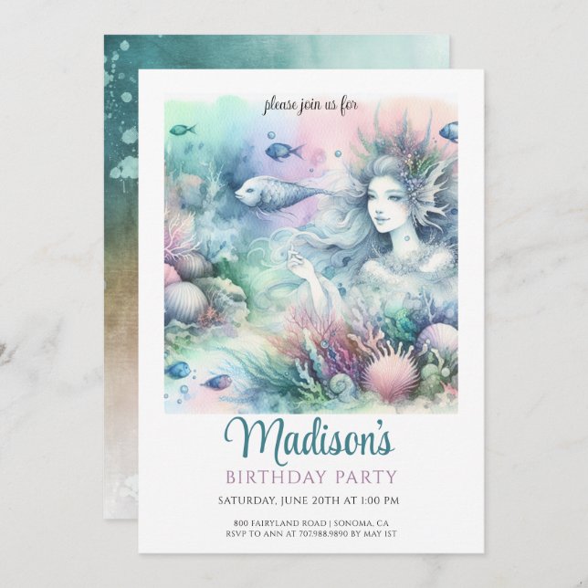 Magical Mermaid Girl's Watercolor Birthday Invitation (Front/Back)