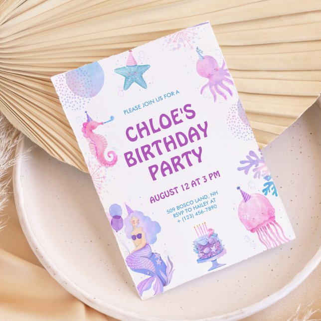 Magical Mermaid Purple Pink Watercolor Birthday Invitation (Creator Uploaded)