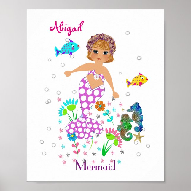 Magical Mermaid Sea Creatures Picture Personalised Poster (Front)