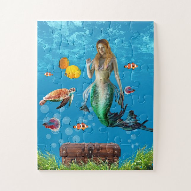 Magical Mermaid Treasure Hunt Blue Ocean Fantasy Jigsaw Puzzle (Vertical)