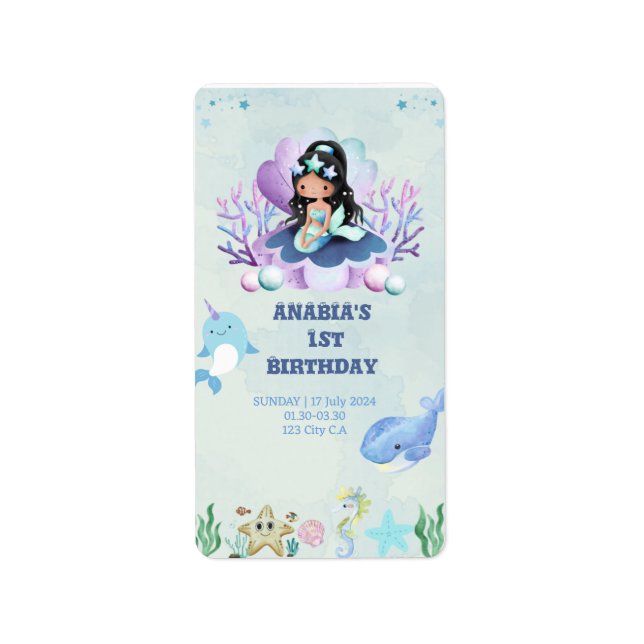 Magical Mermaid Watercolor Birthday Label (Front)