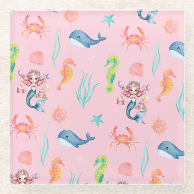 Magical mermaid whale rainbow Birthday girl party Glass Coaster (Front)