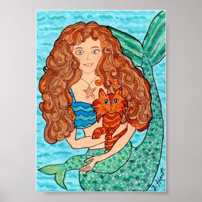 Magical Mermaid with Cat Folk Art Poster (Front)