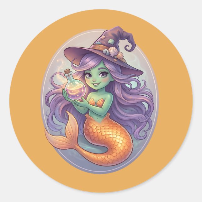 Magical Mermaid with Potion Classic Round Sticker (Front)