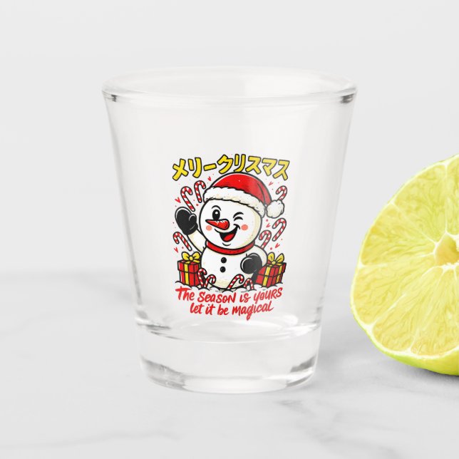 Magical Merry Christmas Snowman Festive candy cane Shot Glass (Front)