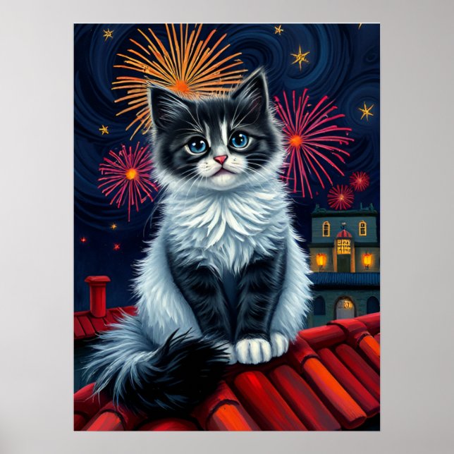 Magical Midnight Kitten Poster – Fluffy Cat Art (Front)