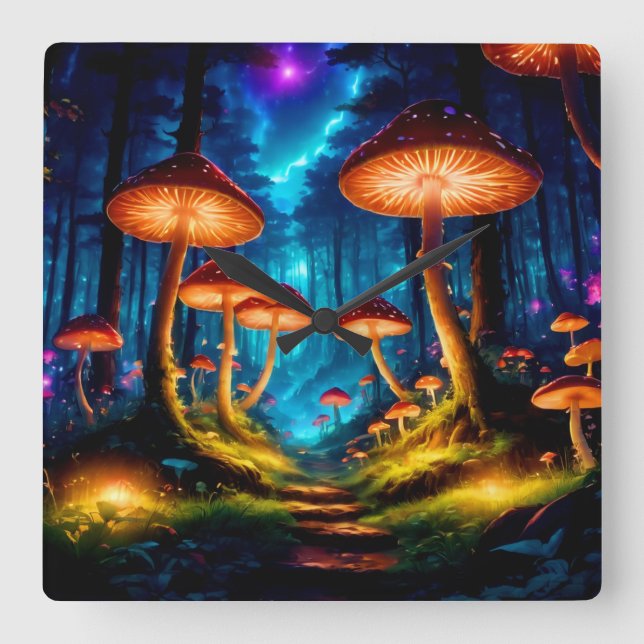 Magical Midnight Mushroom Forest Square Wall Clock (Front)