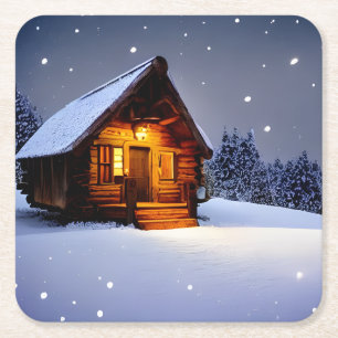 Magical Midnight Winter Cabin Square Paper Coaster
