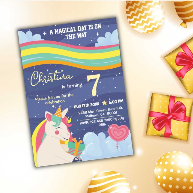 Magical modern unicorn rainbow stars 7th birthday  invitation (Creator Uploaded)