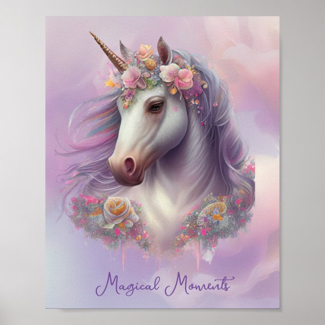 Magical Moments Unicorn Pink Pastel Floral Glitter Poster (Front)