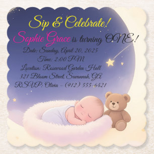 Magical Moon 1st Birthday Keepsake Invitation Paper Coaster