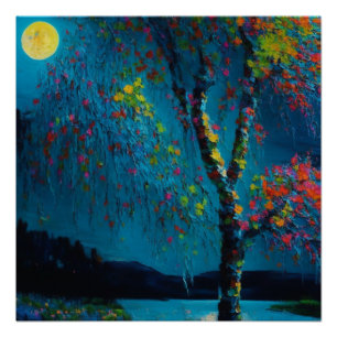 Magical Moon River Tree in oil painting style Poster