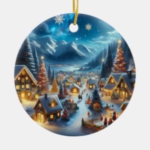 Magical Moonlit Snowy Christmas Village Ceramic Tree Decoration