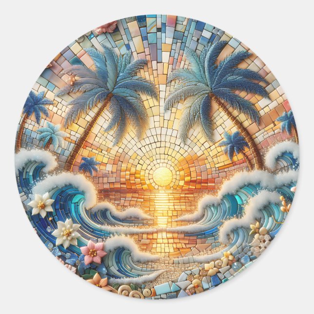 Magical Mosaic Tropical Ocean Sunset Classic Round Sticker (Front)