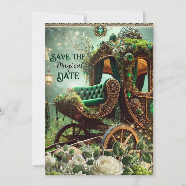 Magical Moss & Moonlight Emerald Carriage Save the Holiday Card (Front)