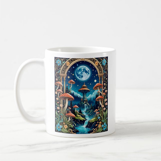 Magical Mushroom Fantasy Moonlit Forest Coffee Mug (Left)