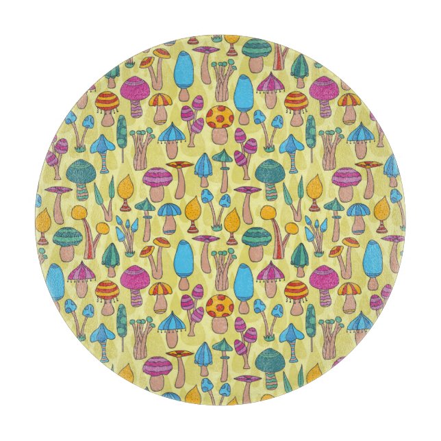 Magical Mushrooms Doodle Seamless Pattern Cutting Board (Front)