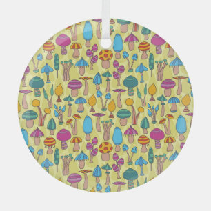 Magical Mushrooms Doodle Seamless Pattern Glass Tree Decoration