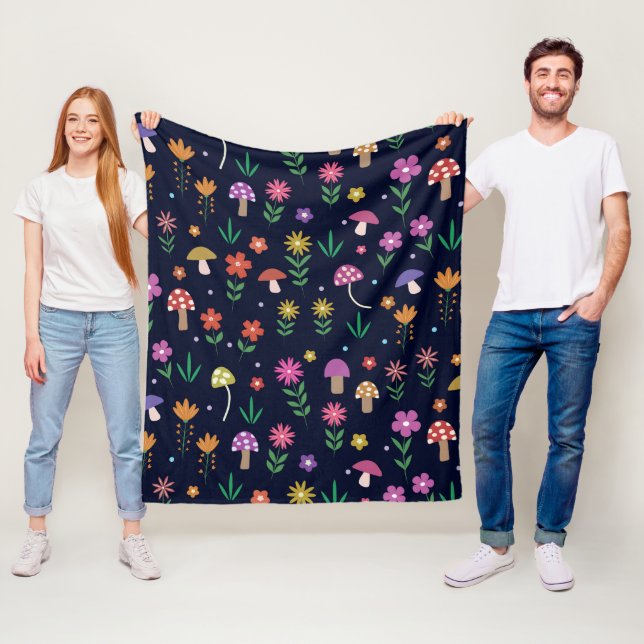 Magical Mushrooms with Whimsical Flowers Pattern  Fleece Blanket (In Situ)