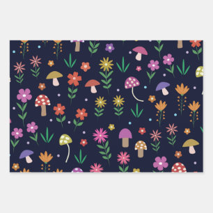 Magical Mushrooms With Whimsical Flowers Pattern  Wrapping Paper Sheet